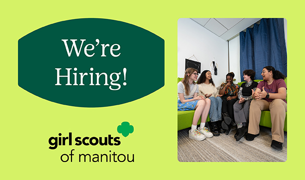 graphic displaying the words we're hiring and a picture of a group of girls in an office