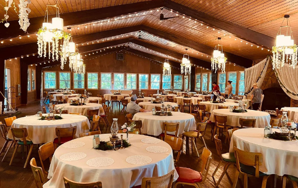 dining hall decorated for a wedding dinner and reception